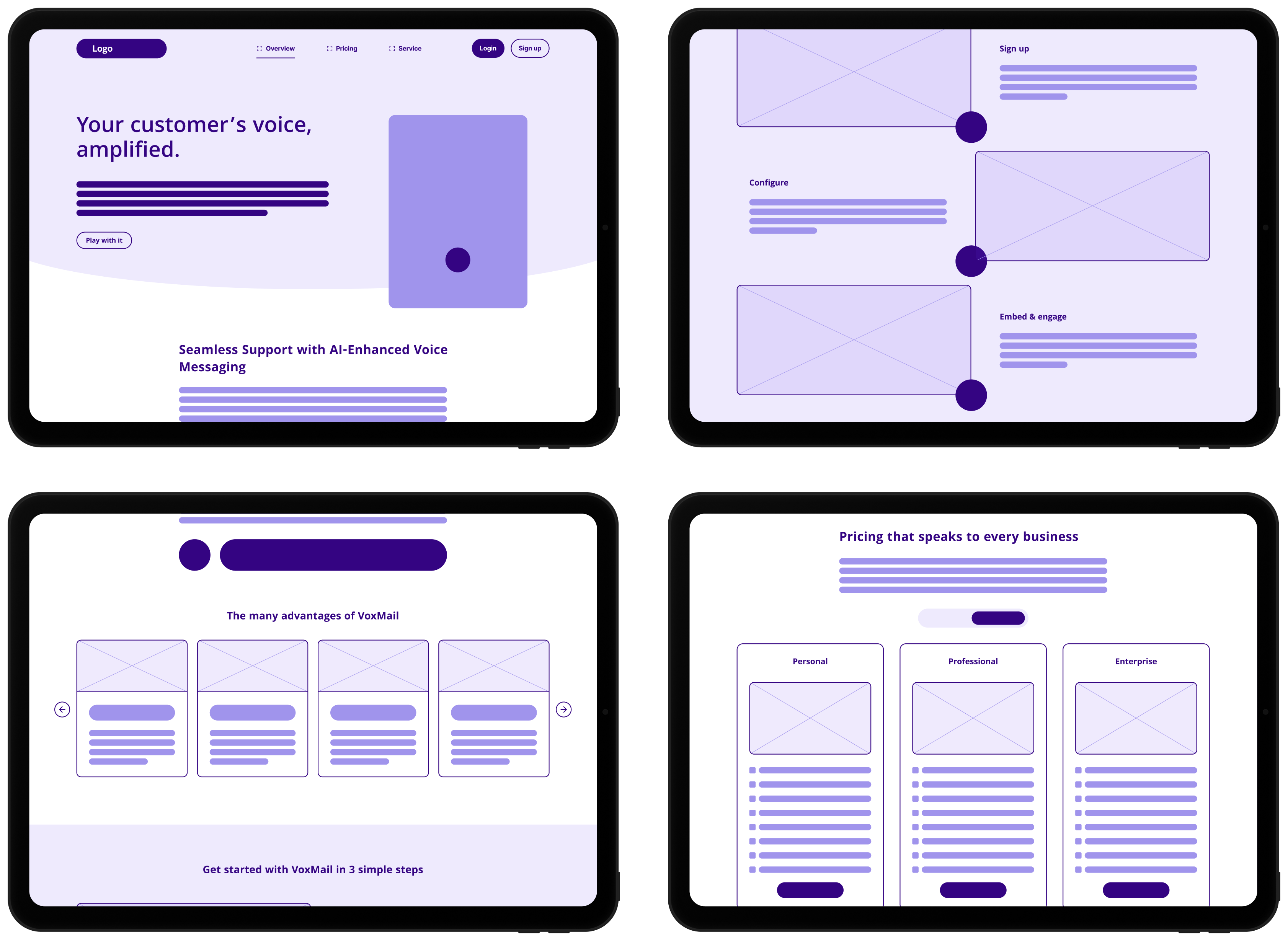 High-fidelity wireframes for the VoxMail website